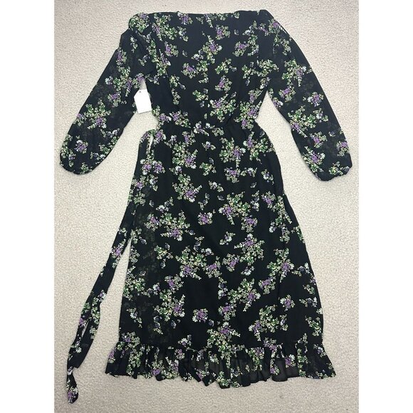 Q + A Los Angeles Maxi Dress Black Floral Ruffle Deep V - Picture 2 of 16